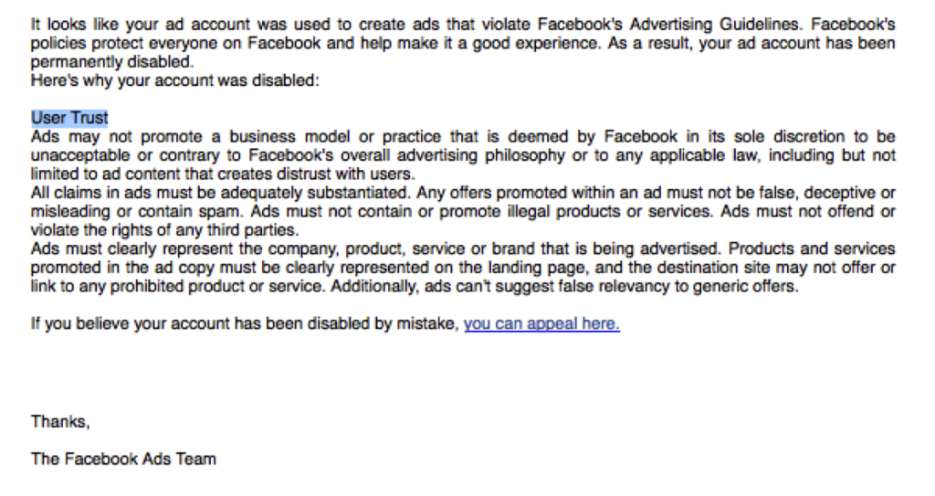 Facebook Ad Account Shutdown